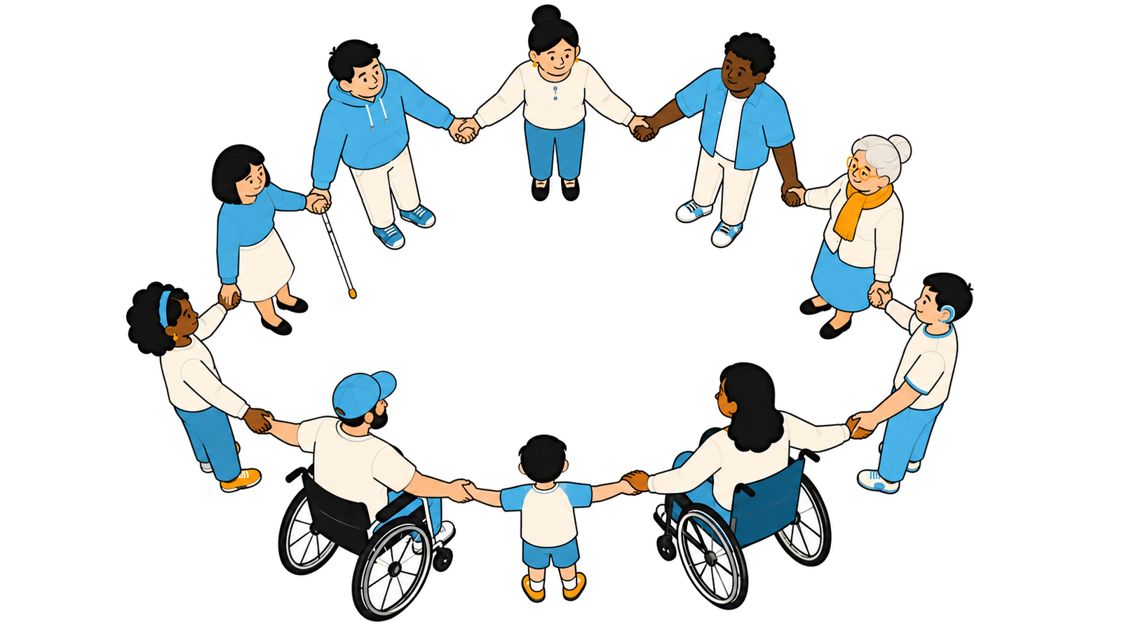 Pessoas diversas em círculo, de mãos dadas. Idoso, mulher de cabelos cacheados, cadeirante, criança e pessoa com bengala, todos juntos.