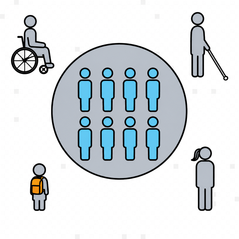 Diagrama de exclusão: um grupo de pessoas iguais dentro de um círculo, com pessoas diferentes (cadeirante, idoso, criança, pessoa com bengala) excluídas, fora do círculo.